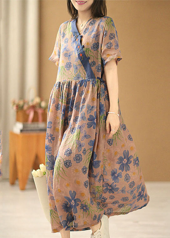 Asymmetrical Design Embroideried Print Linen Long Dress Short Sleeve