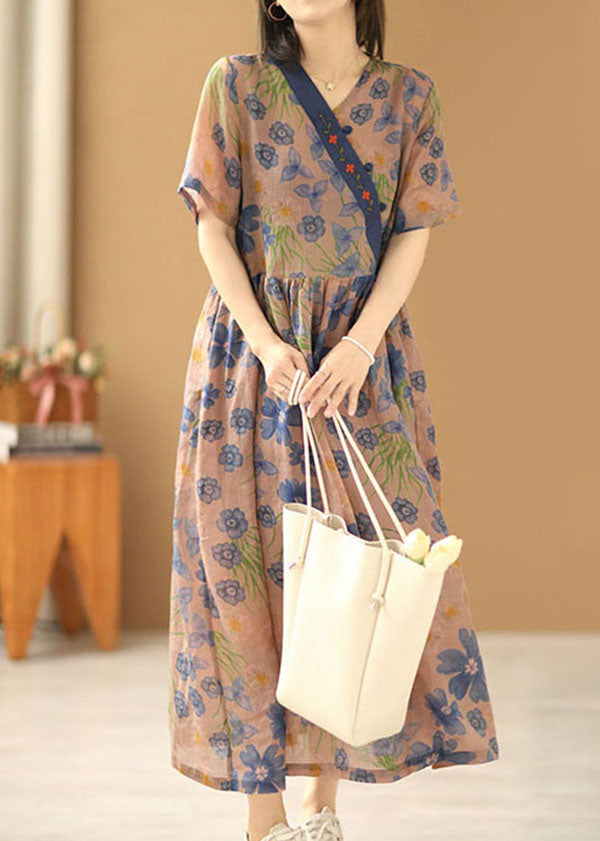 Asymmetrical Design Embroideried Print Linen Long Dress Short Sleeve