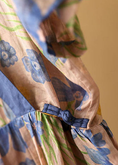 Asymmetrical Design Embroideried Print Linen Long Dress Short Sleeve