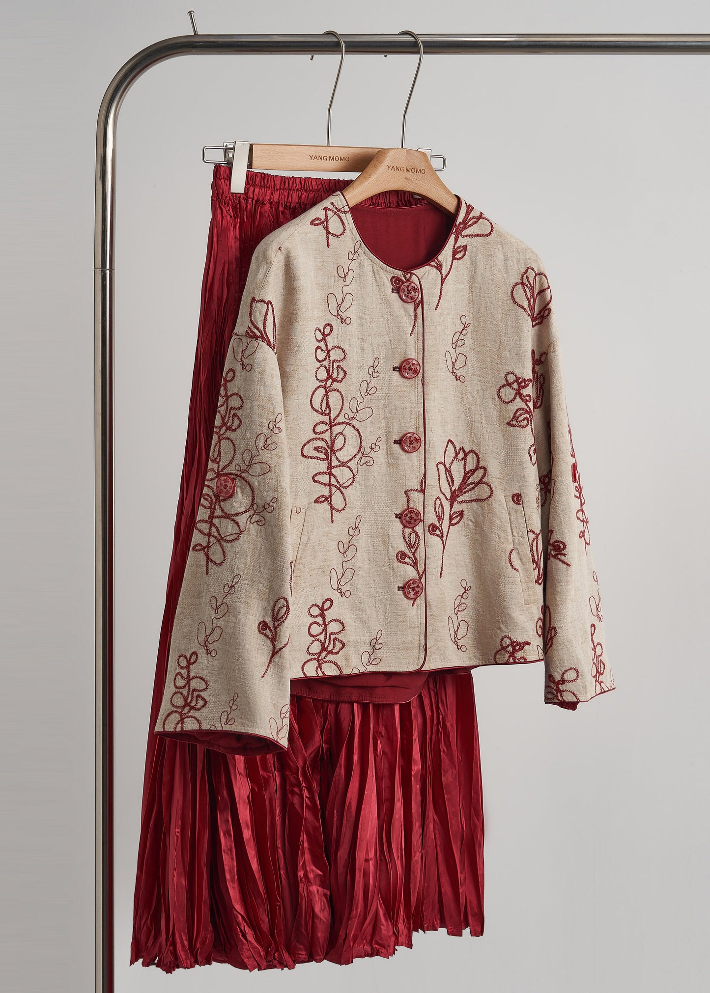 Beige Embroidered Pockets Linen Coats Spring