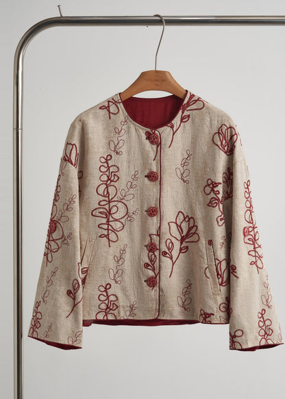 Beige Embroidered Pockets Linen Coats Spring