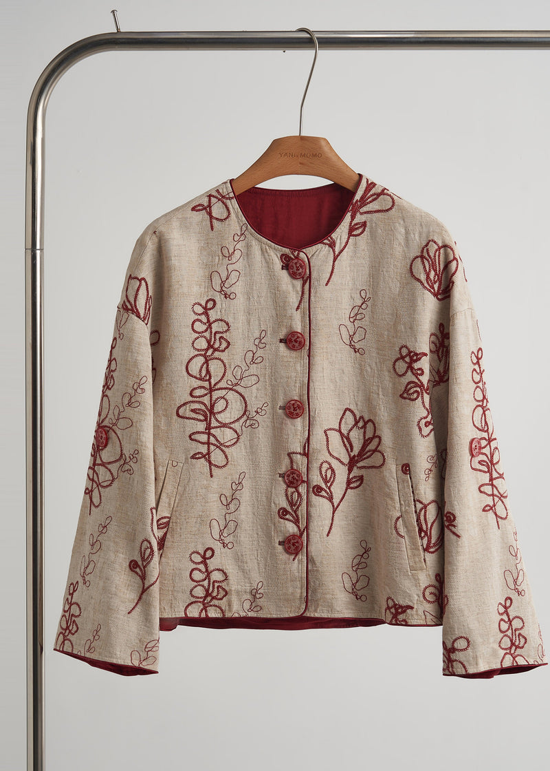Beige Embroidered Pockets Linen Coats Spring
