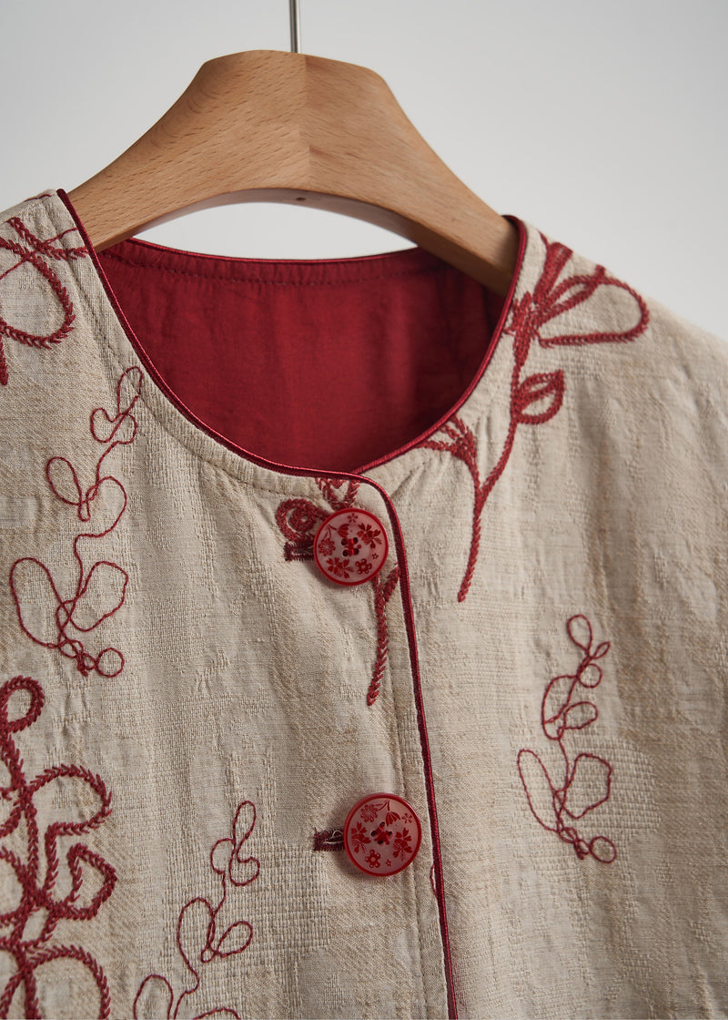 Beige Embroidered Pockets Linen Coats Spring