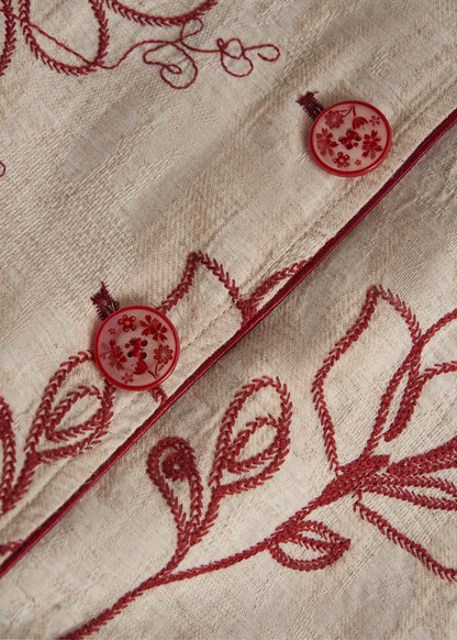 Beige Embroidered Pockets Linen Coats Spring