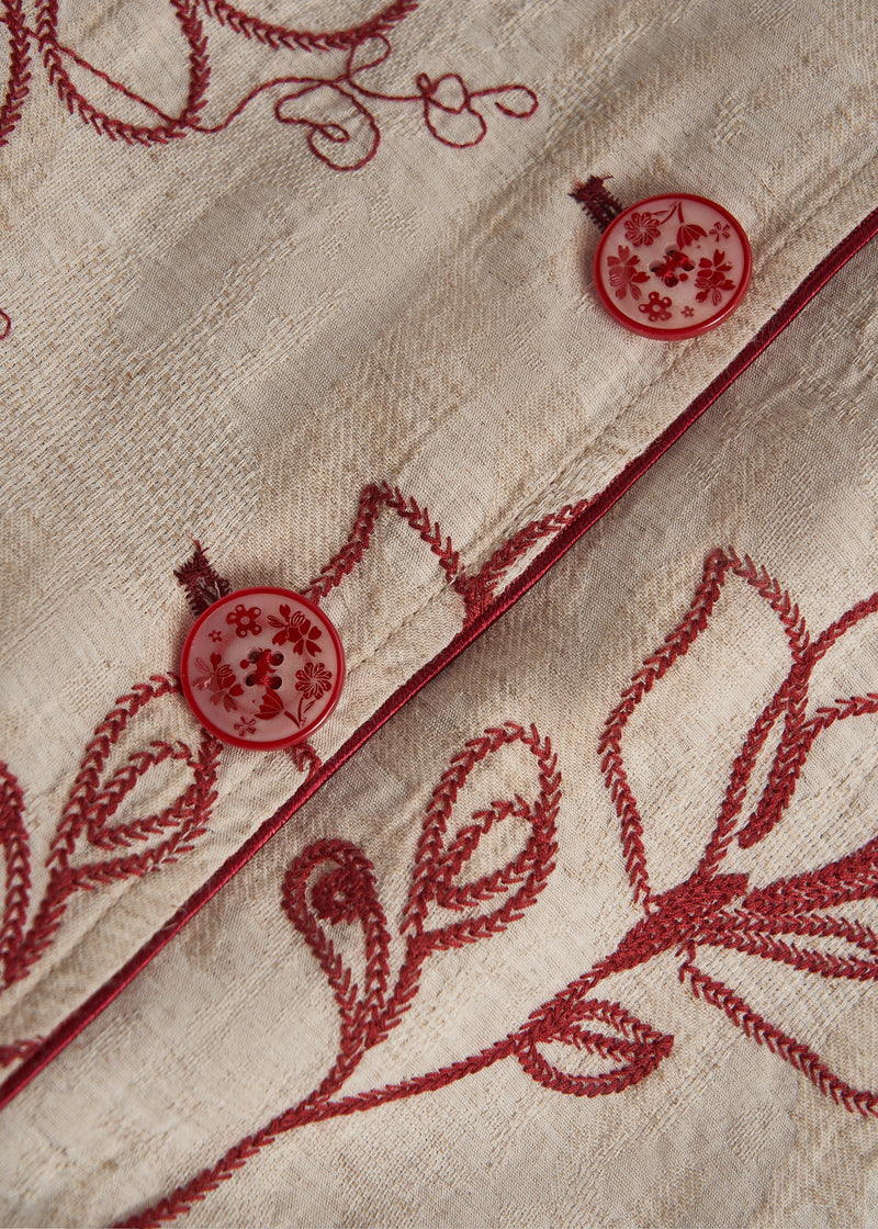 Beige Embroidered Pockets Linen Coats Spring