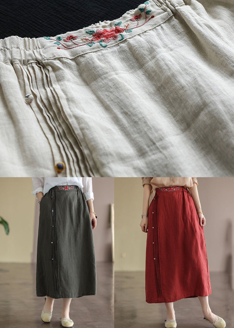 Beige Embroideried Pockets Patchwork Cotton Skirts Summer