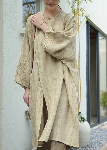 Beige O Neck Oriental Button Patchwork Cotton Dress Fall