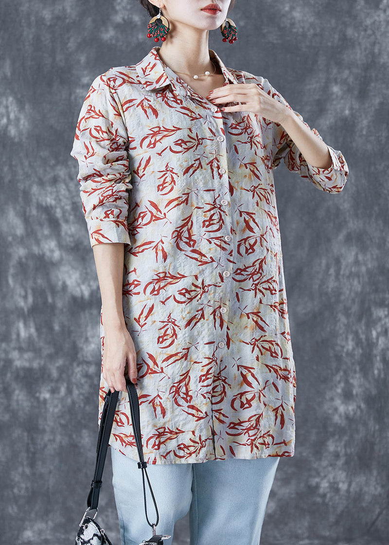 Beige Peter Pan Collar Print Cotton Long Shirt Summer