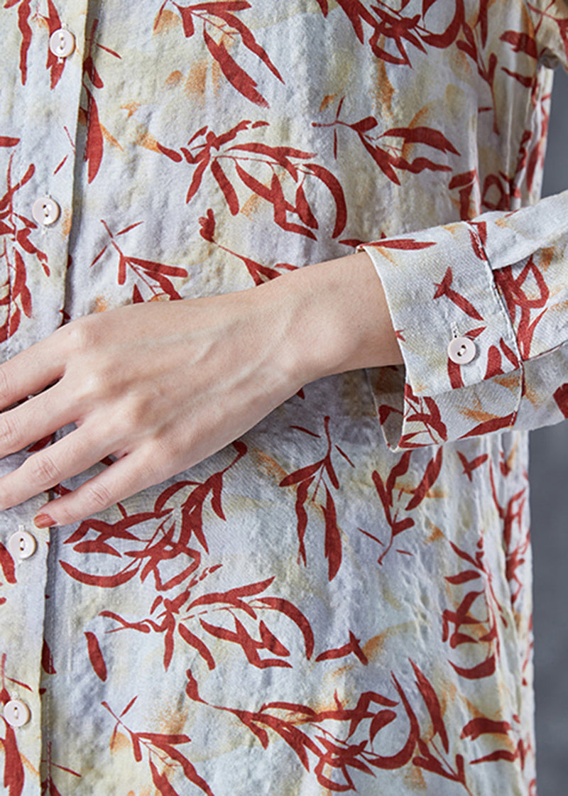 Beige Peter Pan Collar Print Cotton Long Shirt Summer