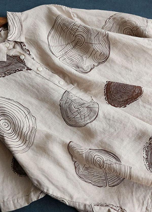 Beige-print2 Peter Pan Collar Print Summer Linen Blouses Half Sleeve