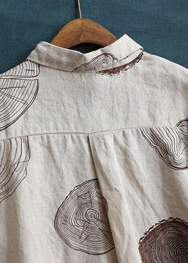 Beige-print1 Peter Pan Collar Print Summer Linen Blouses Half Sleeve