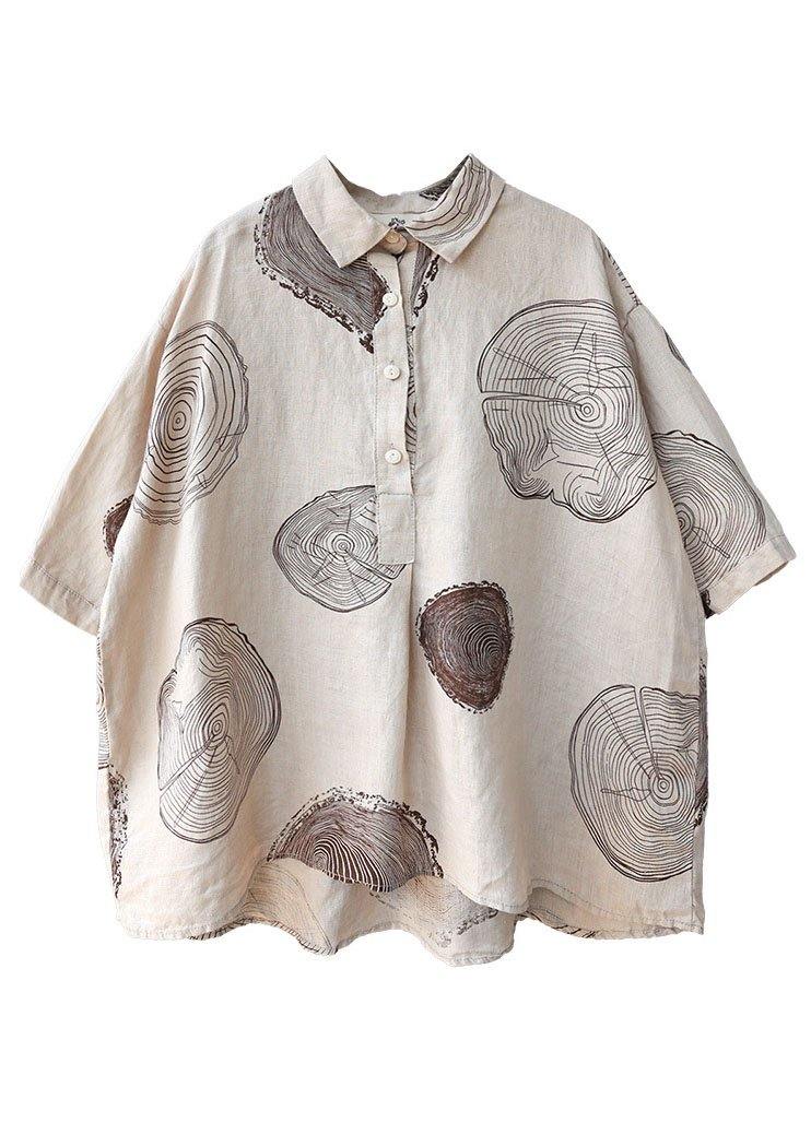 Beige-print2 Peter Pan Collar Print Summer Linen Blouses Half Sleeve