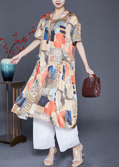 Beige Print Pockets Silk Holiday Dress Summer