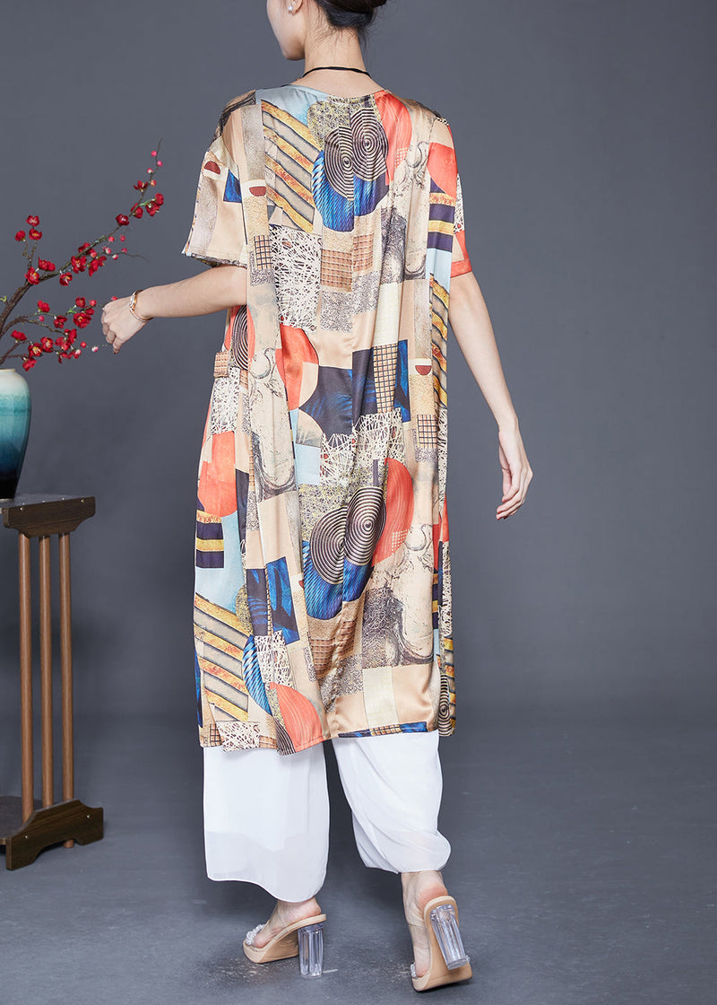 Beige Print Pockets Silk Holiday Dress Summer