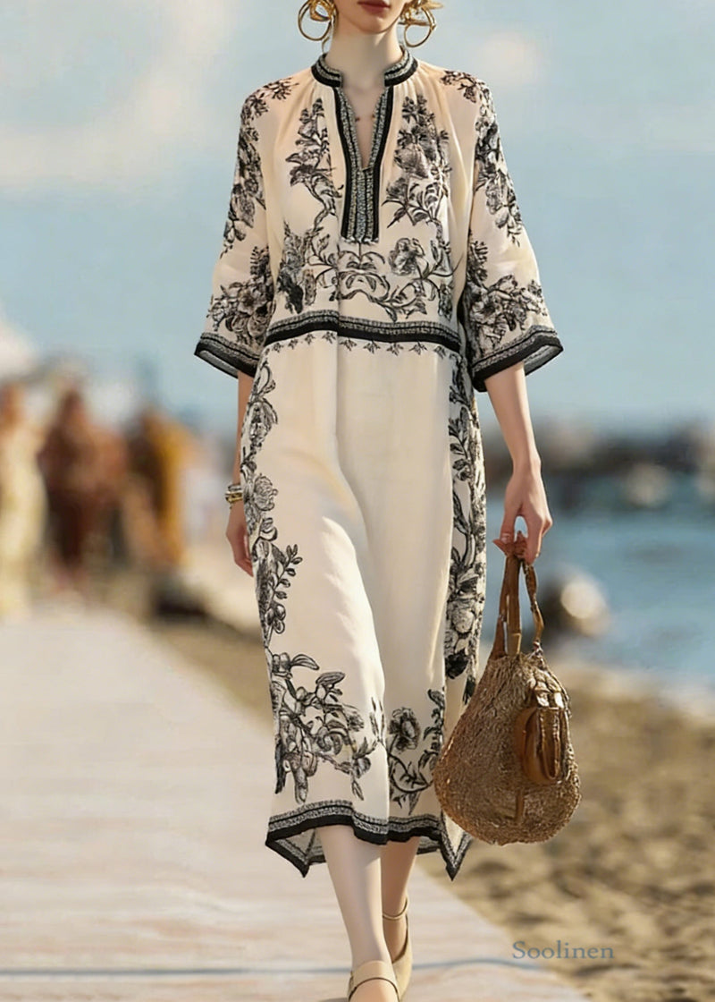 Beige Print Side Open Linen Dress Bracelet Sleeve