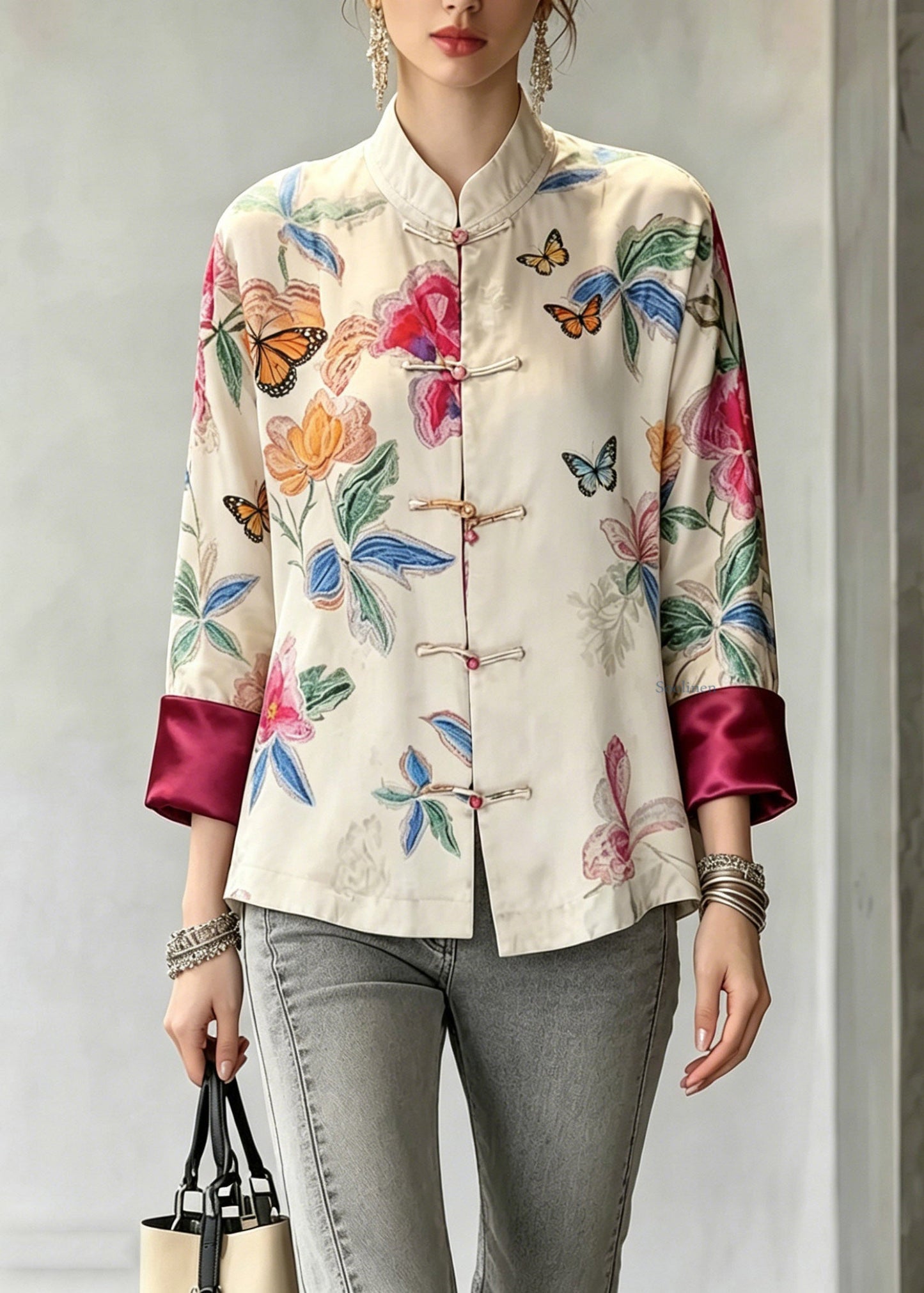 Vintage Beige Stand Collar Button Shirts Fall
