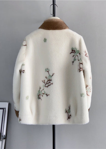 Beige Stand Collar Tasseled Embroidered Mink Cashmere Jackets Winter
