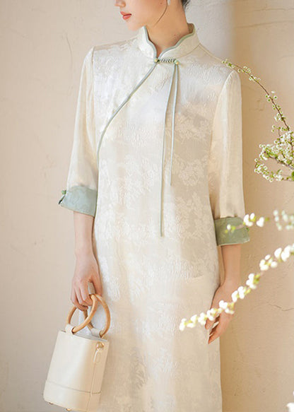 Beige Stand Collar Tasseled Print Patchwork Silk Dresses Fall