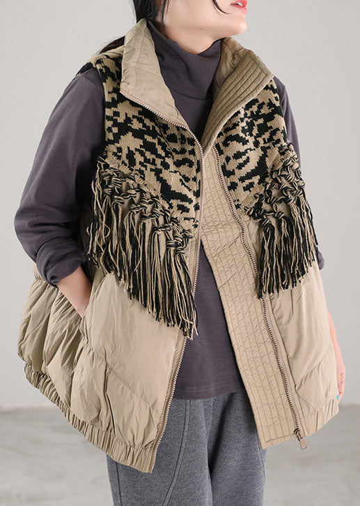 Beige Tasseled Patchwork Duck Down Winter Down Vest