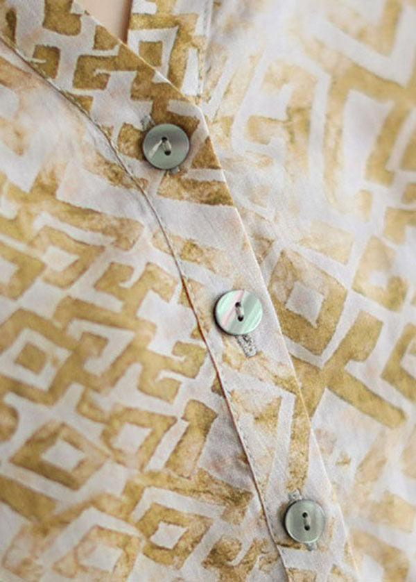 Beige V Neck Print Patchwork Linen T Shirt Top Summer