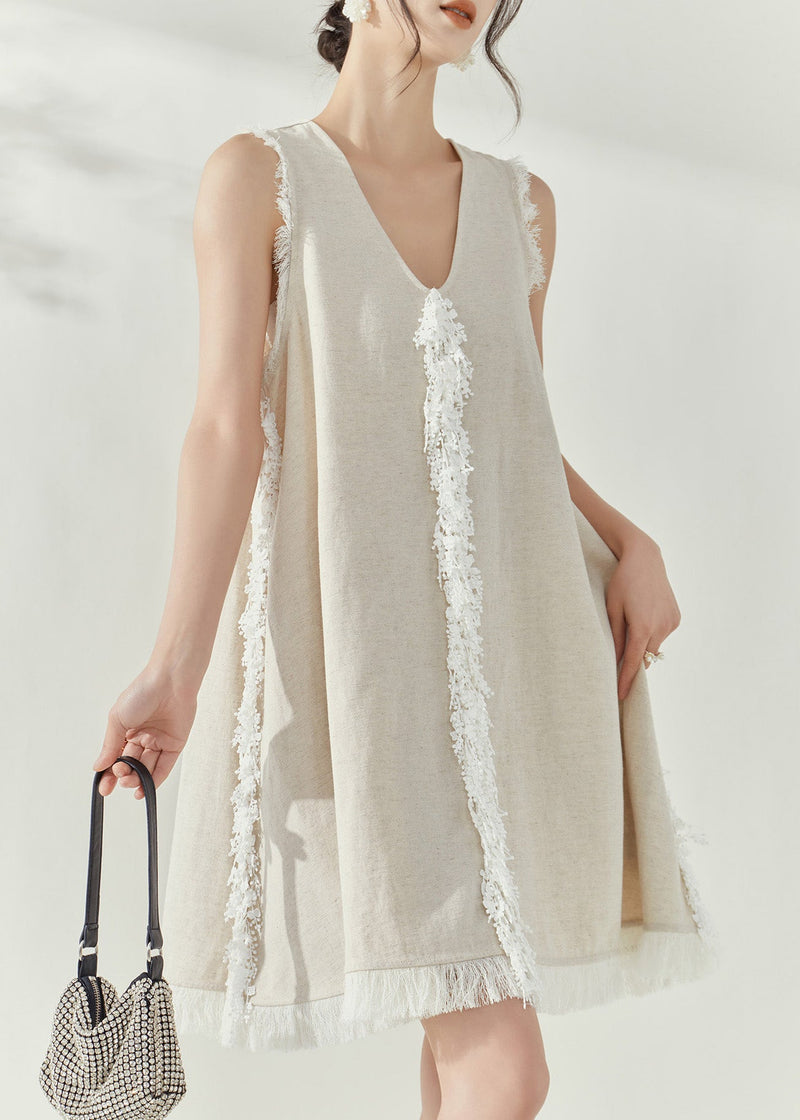 Beige V Neck Tassel Vacation Mid Dresses Sleeveless