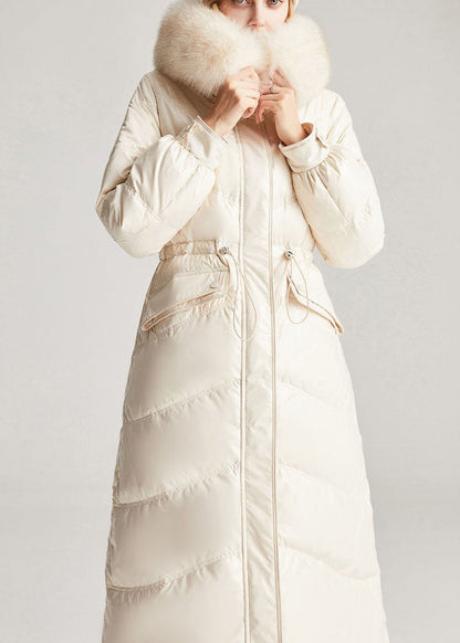 Beige White Fox Collar Drawstring Pockets Slim Fit Winter Duck Down Jackets