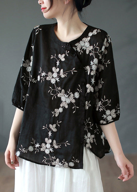 Black Asymmetrical Button Patchwork Linen Shirt Summer