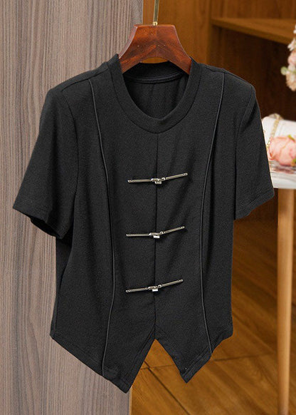 Black Asymmetrical Chinese Button Patchwork Cotton T Shirts Tops Summer