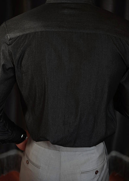 Vintage Black Button Solid Denim Shirts Men Fall