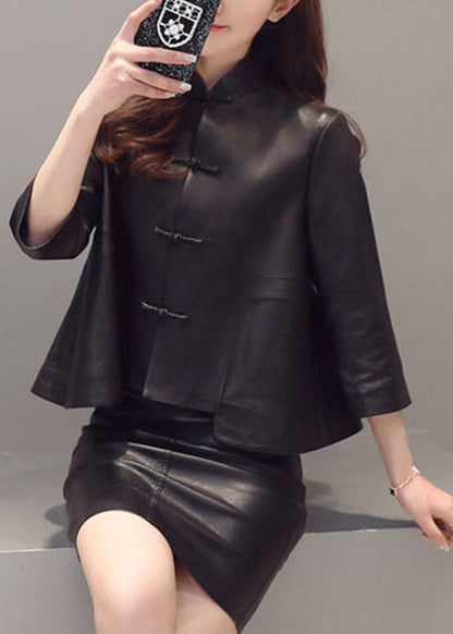 Black Button Stand Collar Faux Leather Coats Three Quarter Sleeve