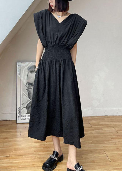 Black Cinched V Neck Sleeveless Summer Maxi Dresses