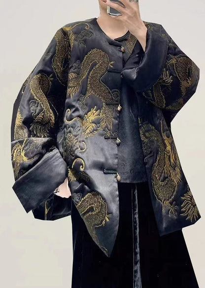 Black Dragon Embroideried Oversized Chinese Button Silk Coats Fall