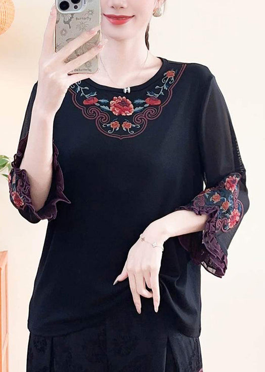 Black Embroidered Cotton Shirt Tops Bracelet Sleeve