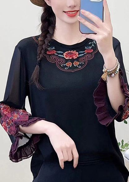 Black Embroidered Cotton Shirt Tops Bracelet Sleeve