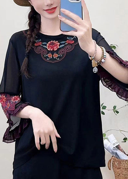 Black Embroidered Cotton Shirt Tops Bracelet Sleeve