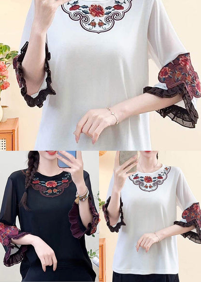 Black Embroidered Cotton Shirt Tops Bracelet Sleeve