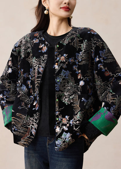 Black Embroidered Sequins Silk Velvet Coats Winter