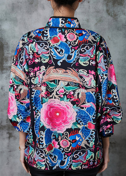 Black Embroidered Silk Chinese Style Coats Spring