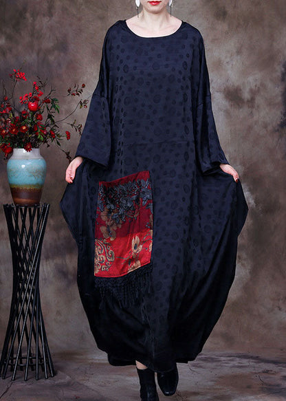 Black Embroideried Asymmetrical Design Patchwork Big Pocket Silk Long Dress Batwing Sleeve