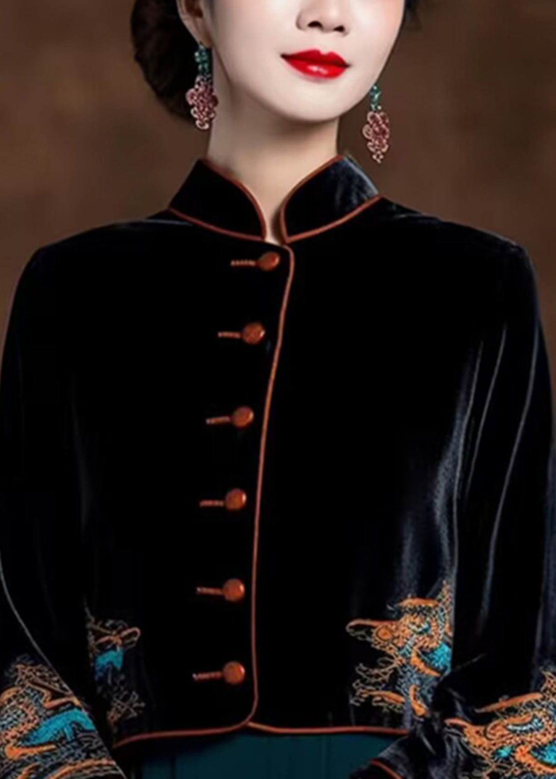 Black Embroidered Button Silk Velour Coats Flare Sleeve