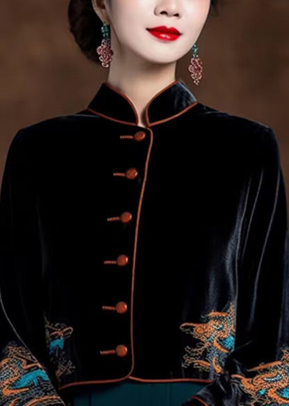 Black Embroidered Button Silk Velour Coats Flare Sleeve