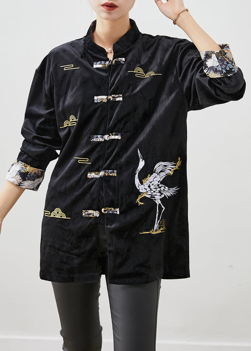 Black Embroidered Chinese Button Silk Velour Jackets Fall