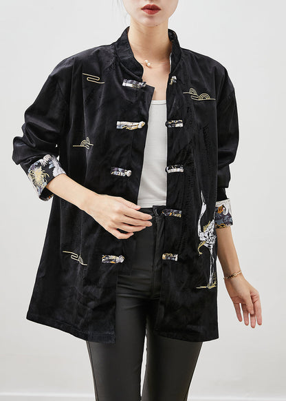 Black Embroidered Chinese Button Silk Velour Jackets Fall