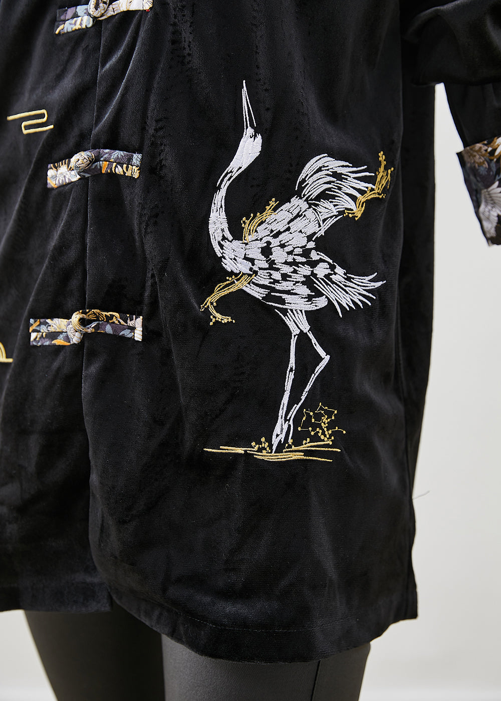 Black Embroidered Chinese Button Silk Velour Jackets Fall