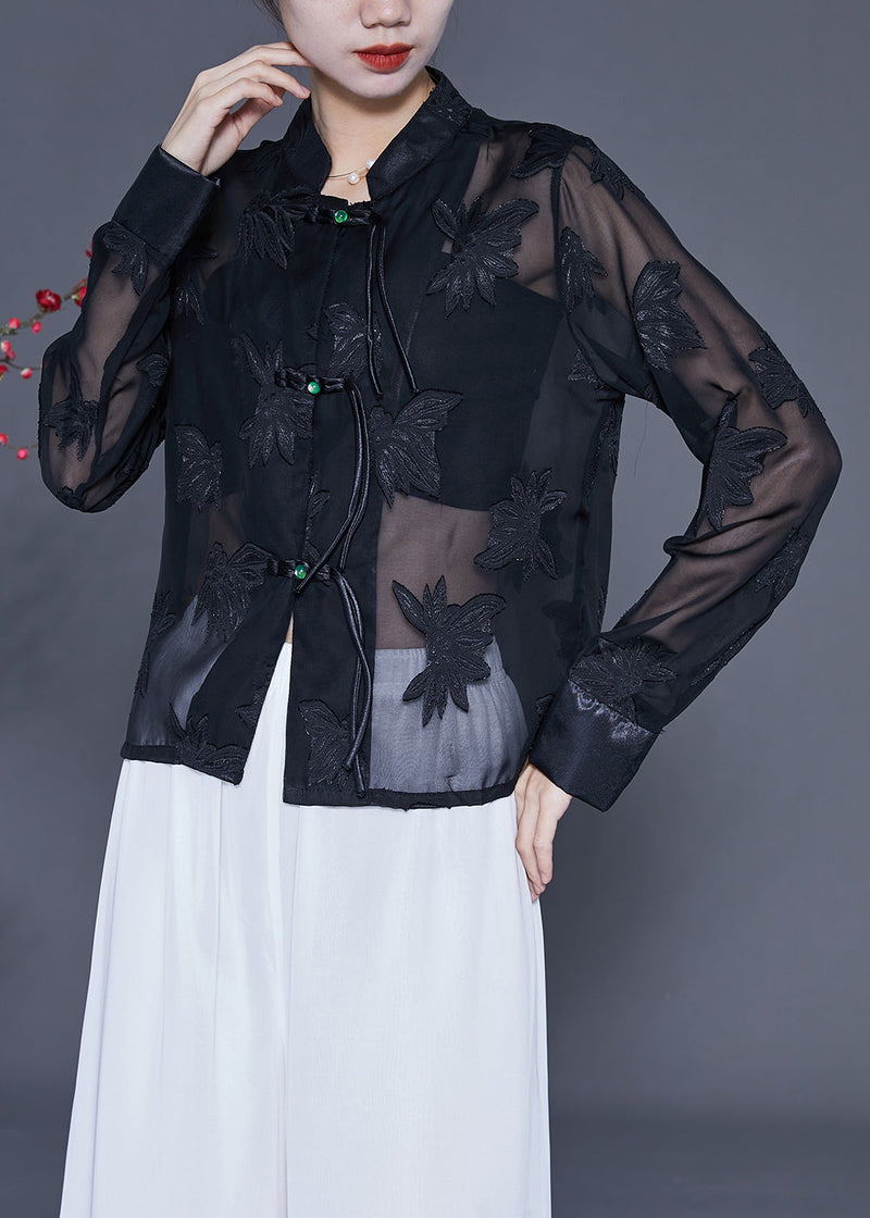 Black Embroideried Chinese Button Tulle Shirt Tops Summer