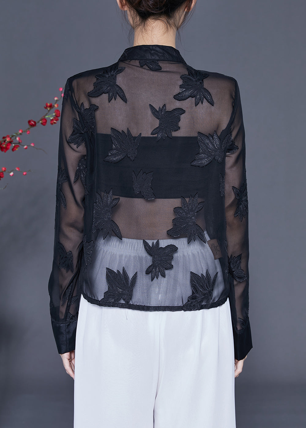 Vintage Black Embroideried Chinese Button Tulle Shirt Tops Summer