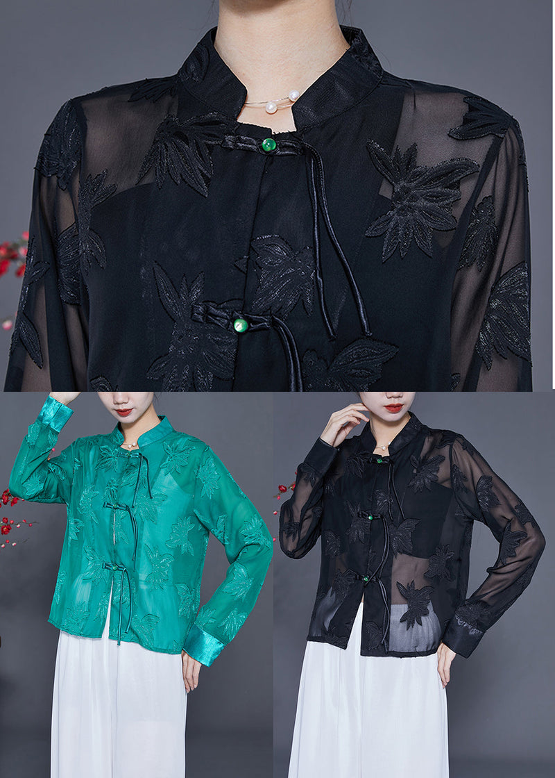Black Embroideried Chinese Button Tulle Shirt Tops Summer