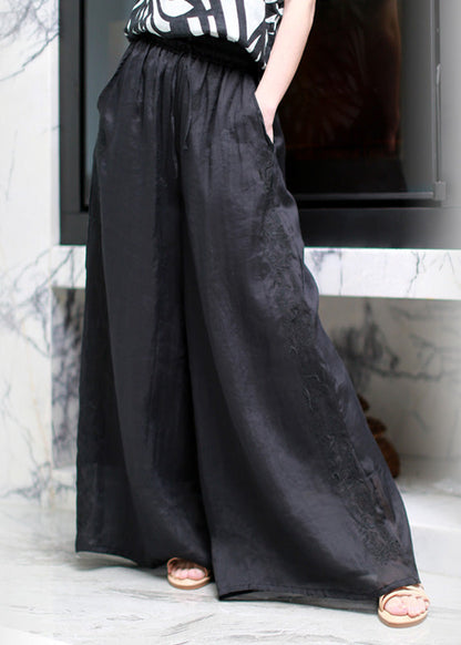 Black Embroideried Elastic Waist Linen Wide Leg Pants Summer