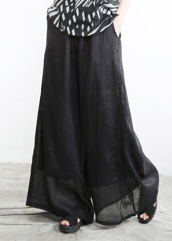 Black Embroideried Elastic Waist Linen Wide Leg Pants Summer