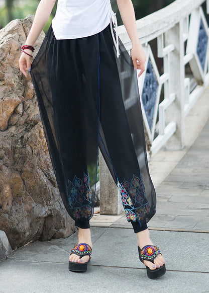 Black Embroideried Tulle Patchwork Lantern Pants Summer